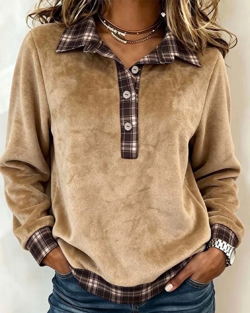 Plaid Patchwork Sweatshirt with Lapel Button Detail