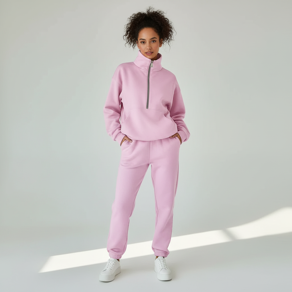 Sporty Ladies' Set Regular Fit Jumper with Half Zip Trousers Casual