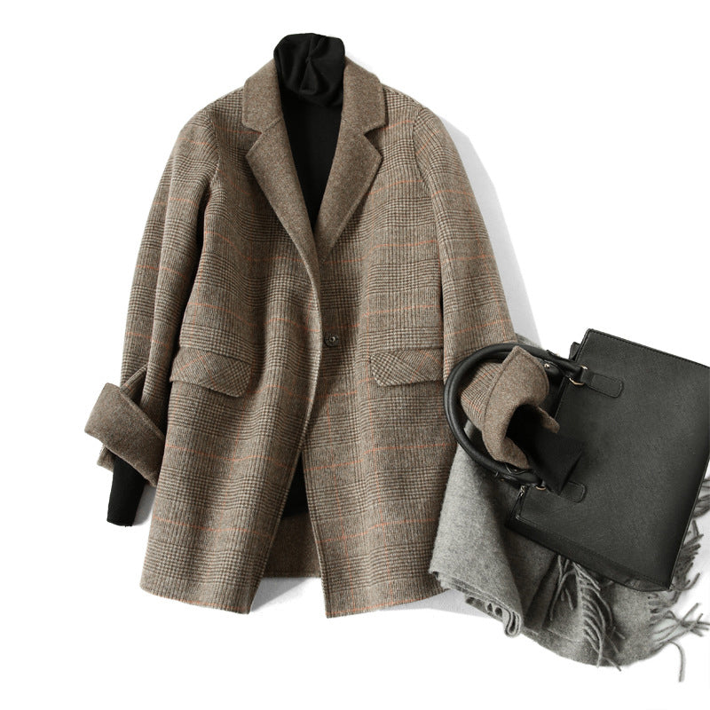 Lapel Collar Women's Checked Wool Coat with Front Buttons