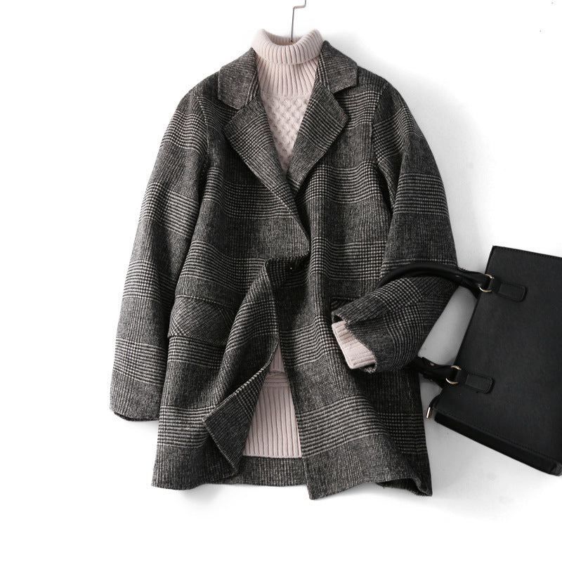Lapel Collar Women's Checked Wool Coat with Front Buttons
