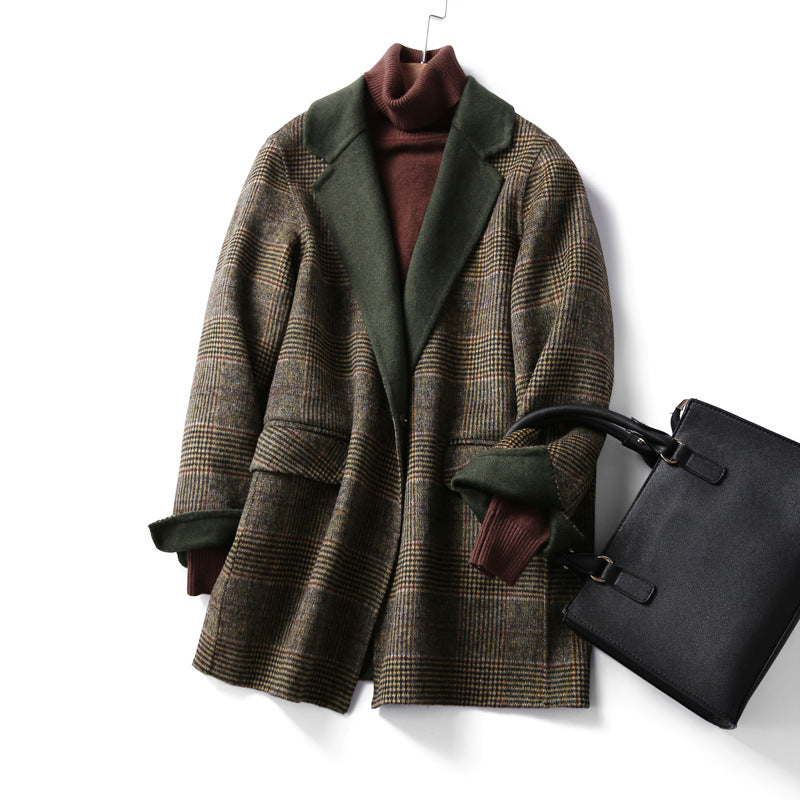 Lapel Collar Women's Checked Wool Coat with Front Buttons
