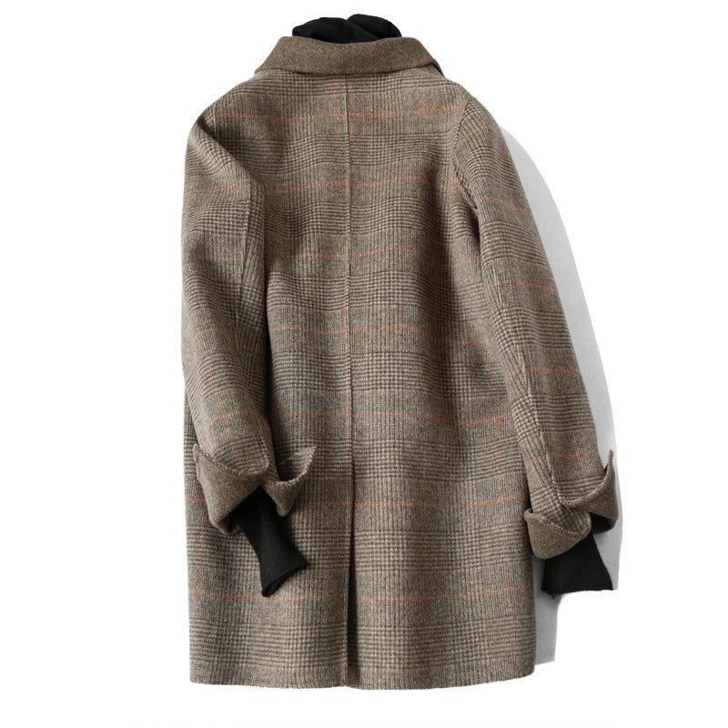 Lapel Collar Women's Checked Wool Coat with Front Buttons