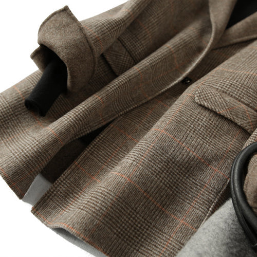 Lapel Collar Women's Checked Wool Coat with Front Buttons