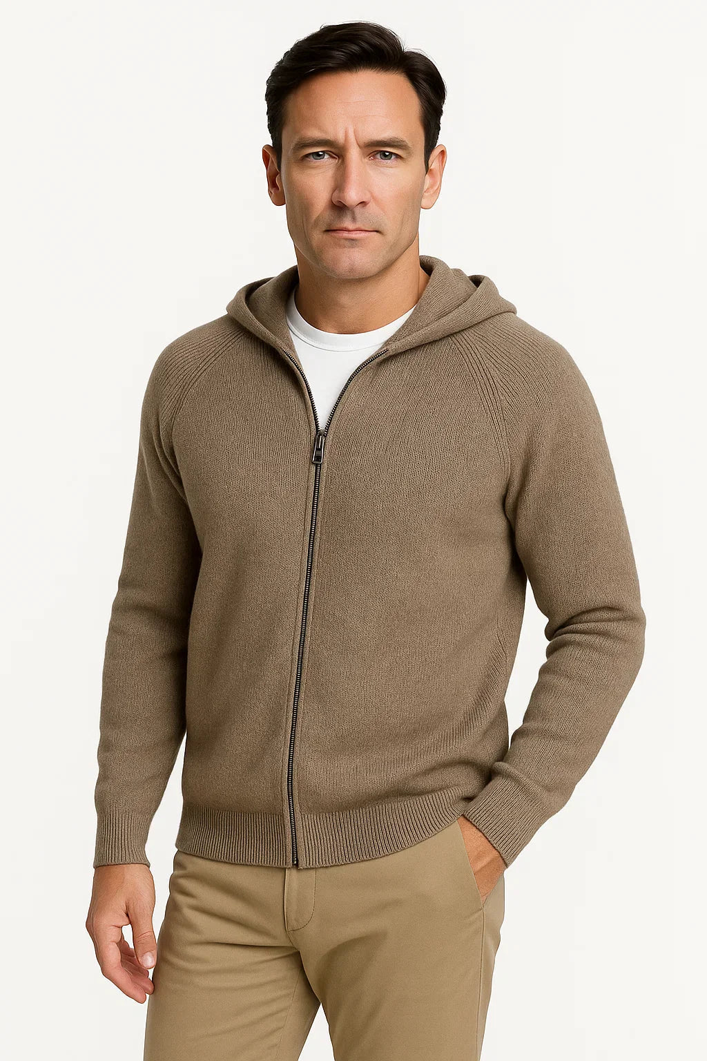 Men's Merino Wool Cardigan with Hood, Thick Knitted Jacket
