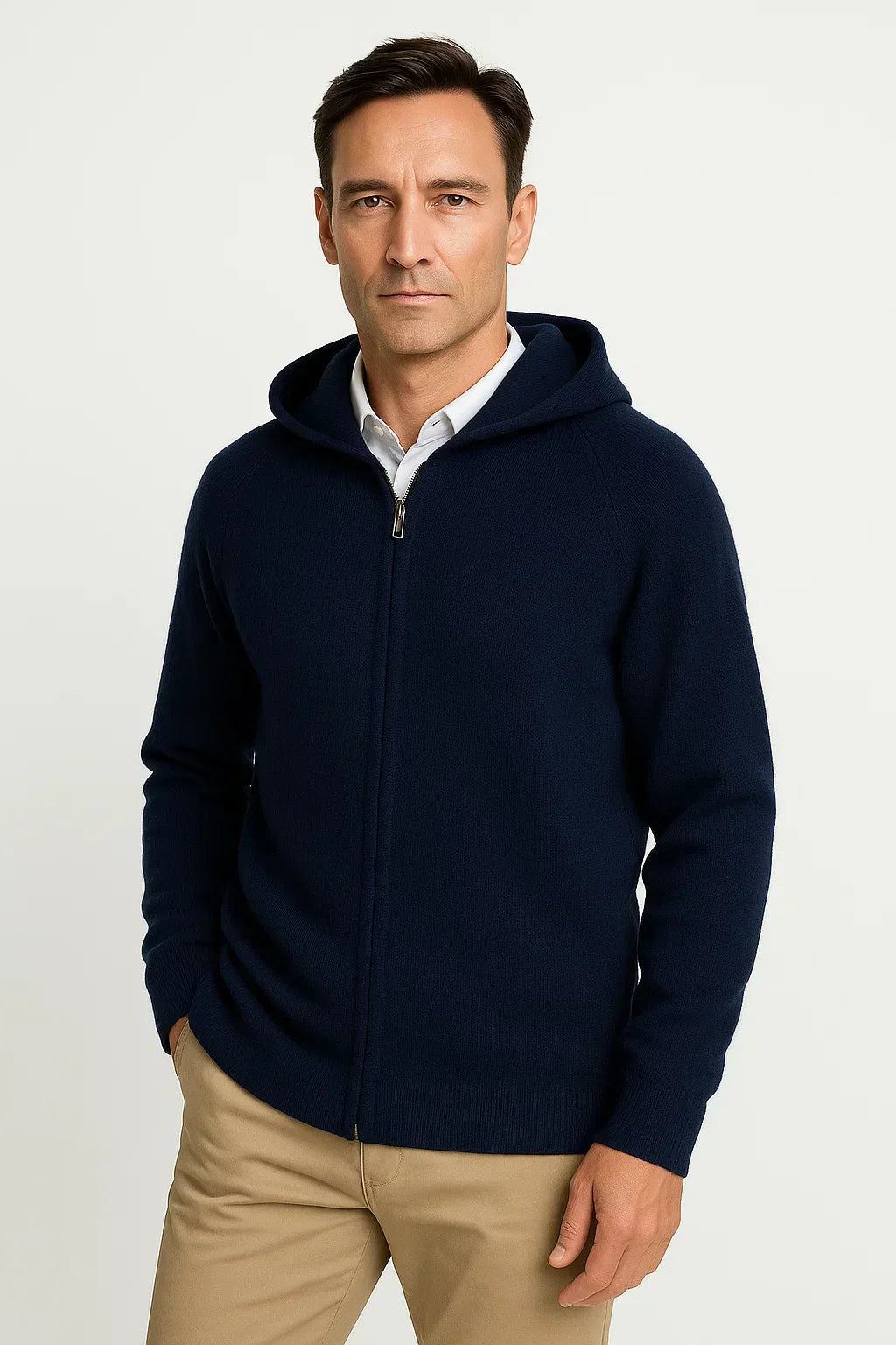 Men's Merino Wool Cardigan with Hood, Thick Knitted Jacket
