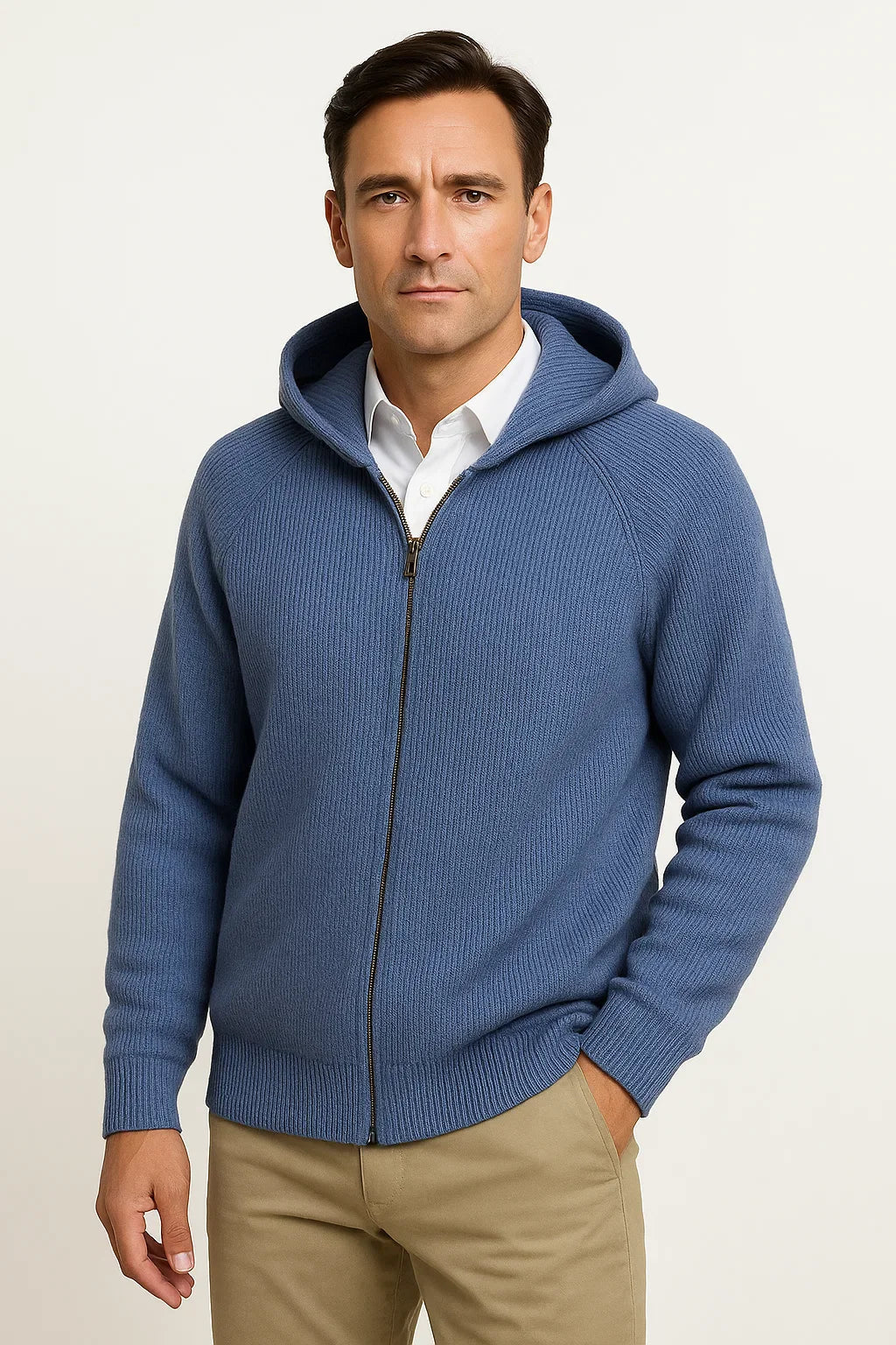 Men's Merino Wool Cardigan with Hood, Thick Knitted Jacket