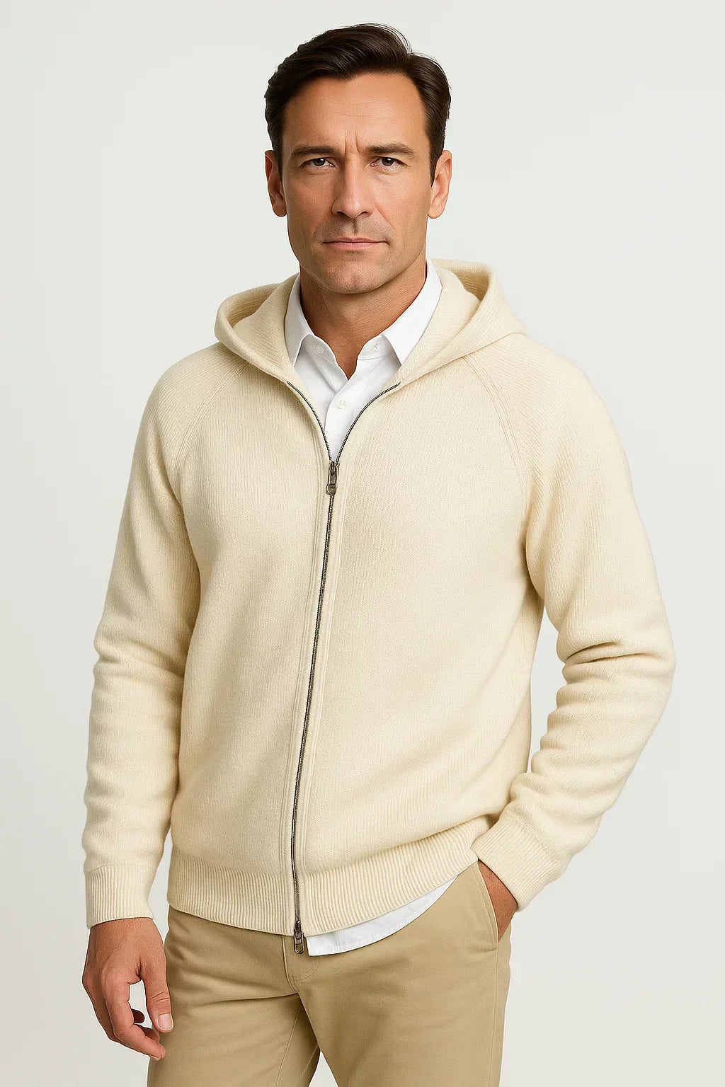 Men's Merino Wool Cardigan with Hood, Thick Knitted Jacket