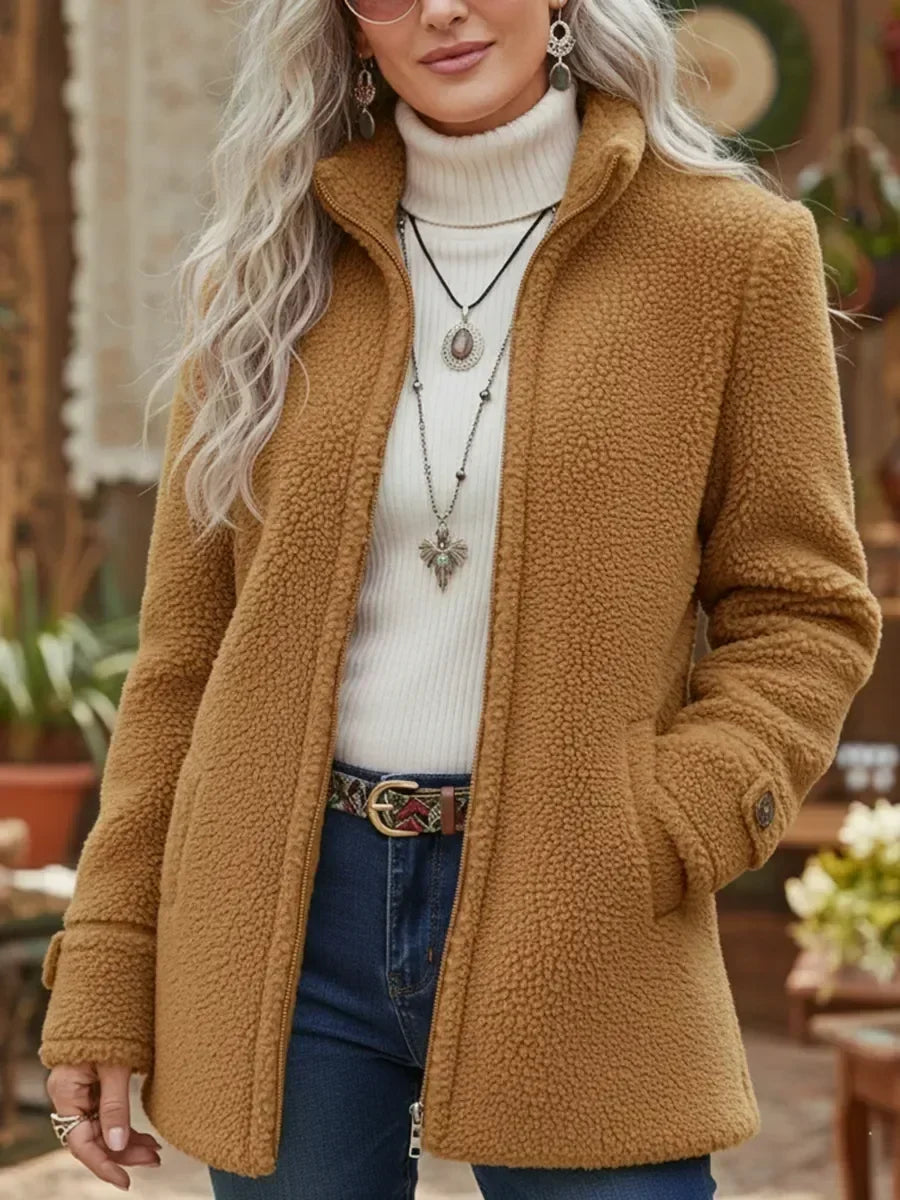 Women's Fluffy Teddy Jacket with Stand-Up Collar | Cozy & Warm