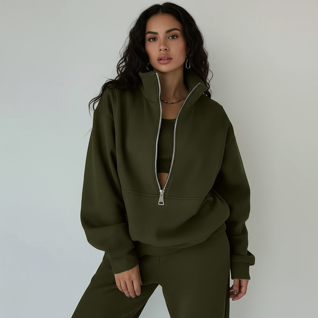Sporty Ladies' Set Regular Fit Jumper with Half Zip Trousers Casual