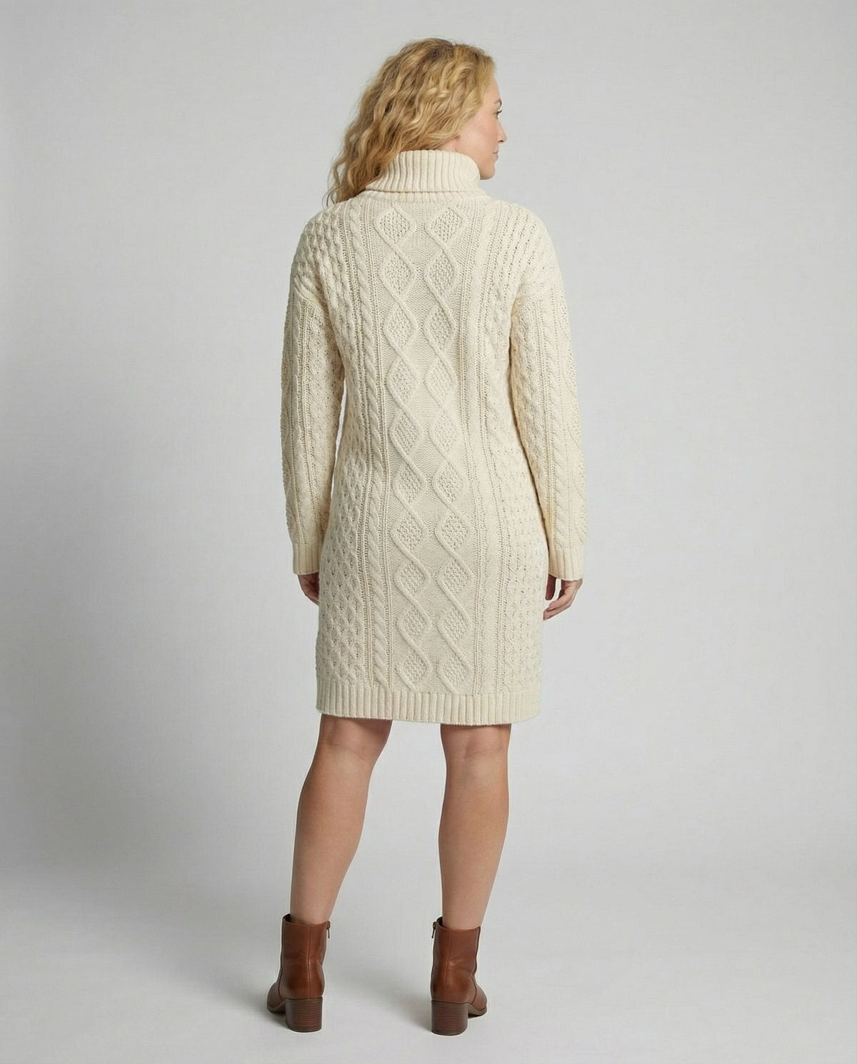 Women's Long Sleeve Midi Knit Dress with Round Neck and Ribbed Cuffs