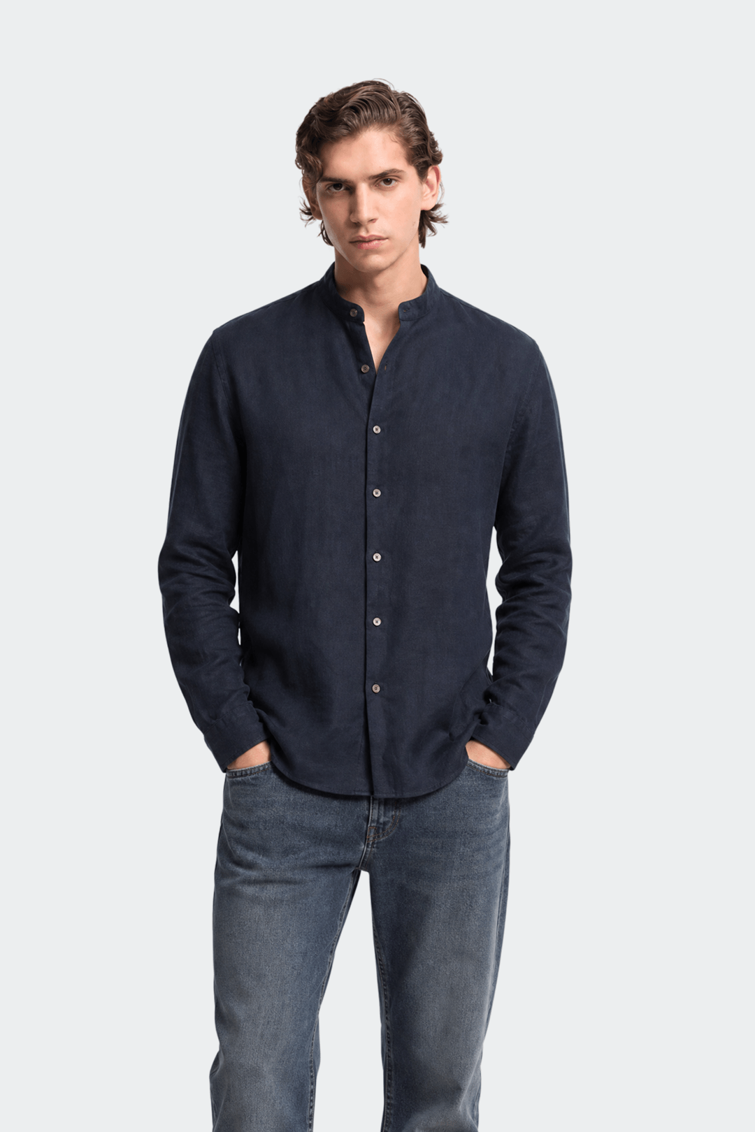 Band Collar Shirt Men Linen Casual Summer
