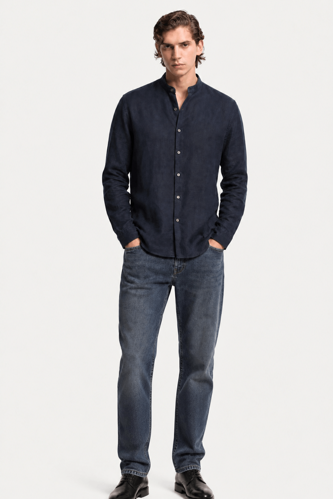 Band Collar Shirt Men Linen Casual Summer