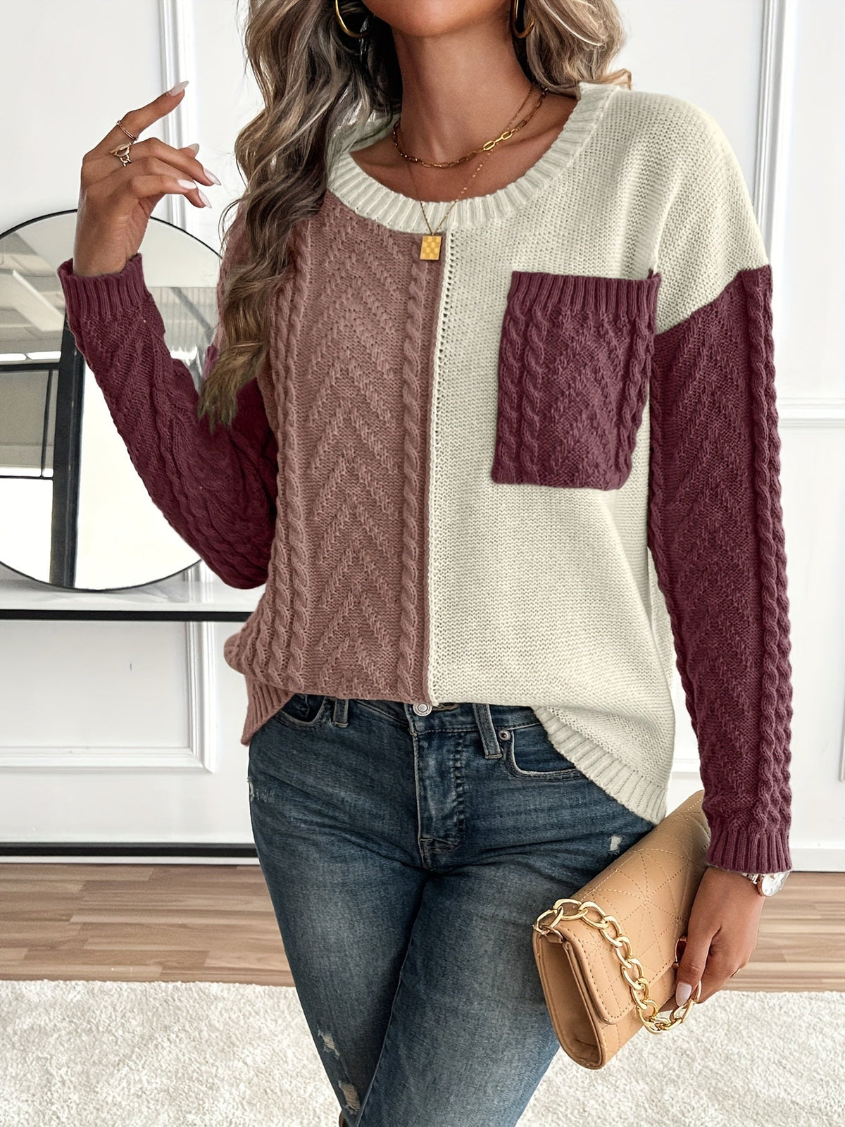Delia | Bi-Color Cable Knit Sweater