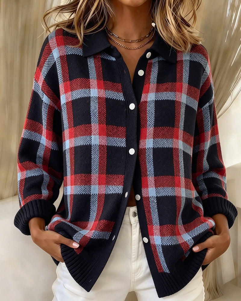 Plaid Loose Cardigan with Lapel and Button Closure