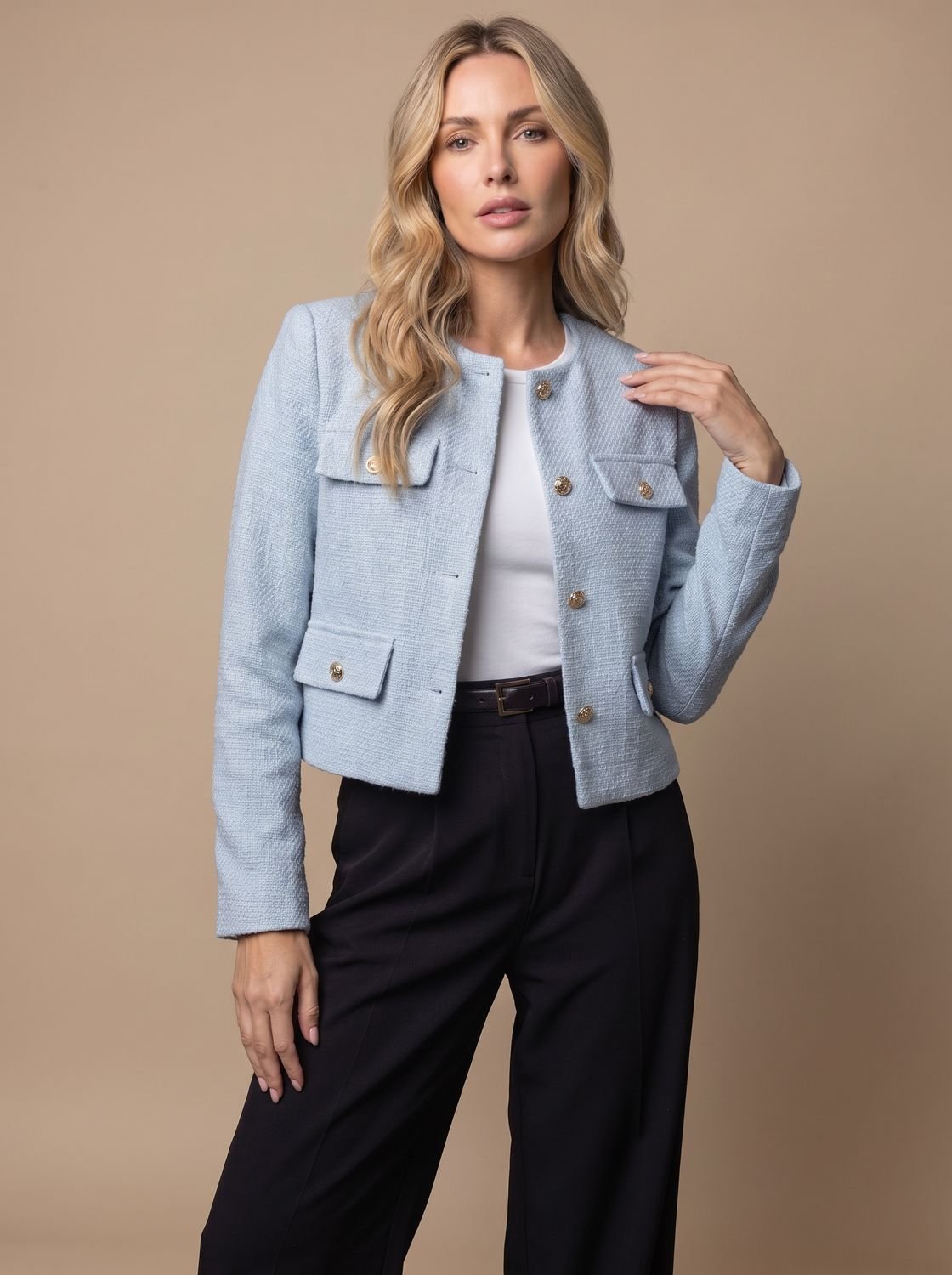 Women's Cropped Tweed Blazer with Gold Buttons and Flap Pockets - No Collar