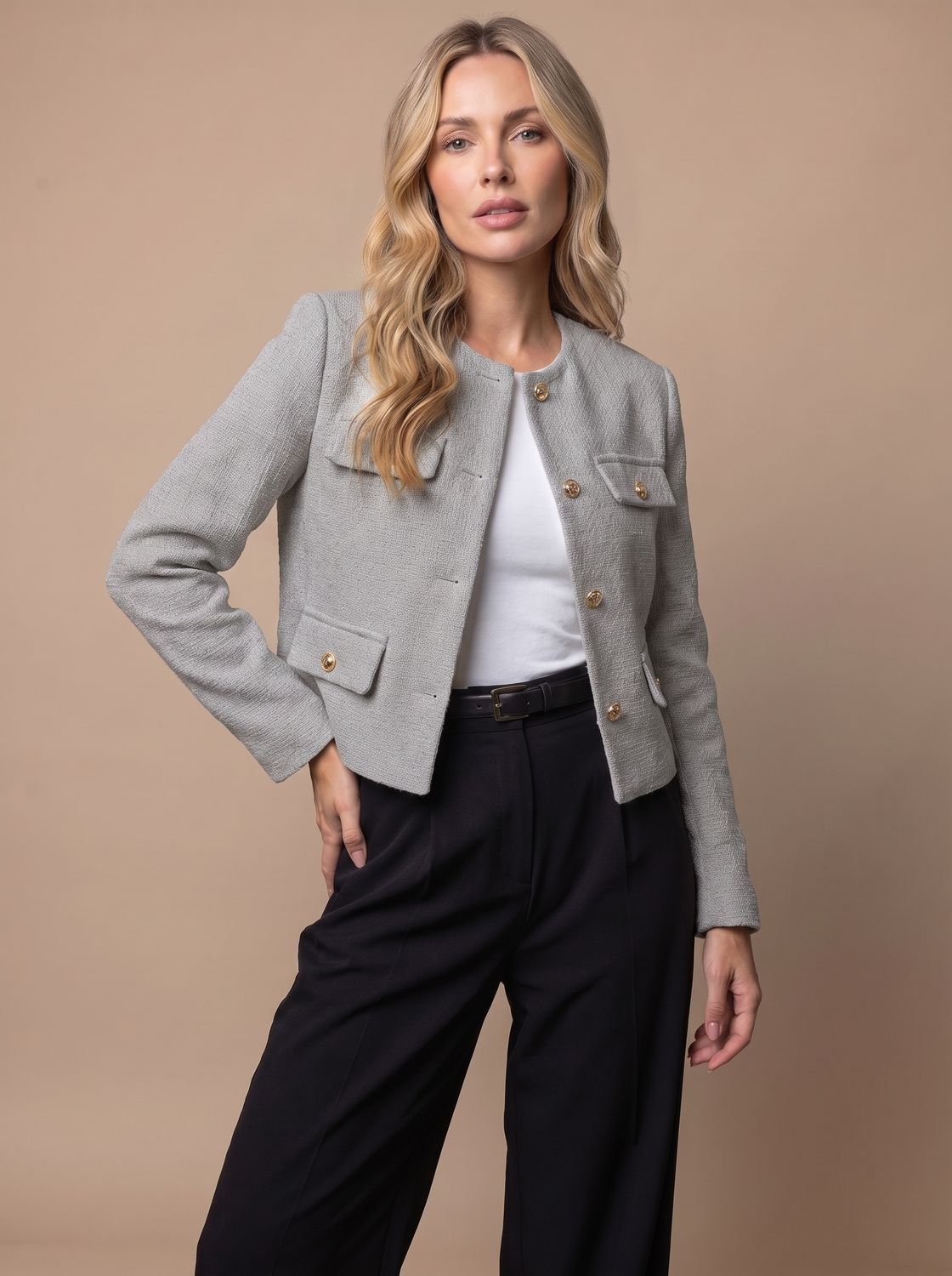 Women's Cropped Tweed Blazer with Gold Buttons and Flap Pockets - No Collar