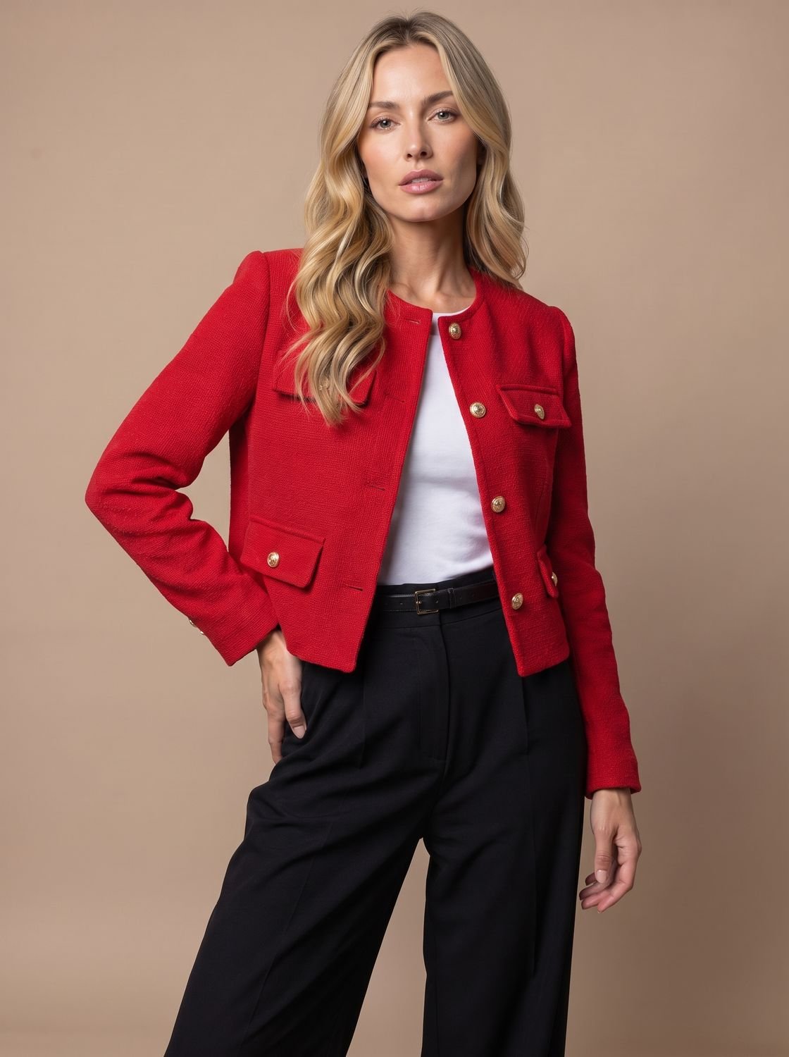 Women's Cropped Tweed Blazer with Gold Buttons and Flap Pockets - No Collar
