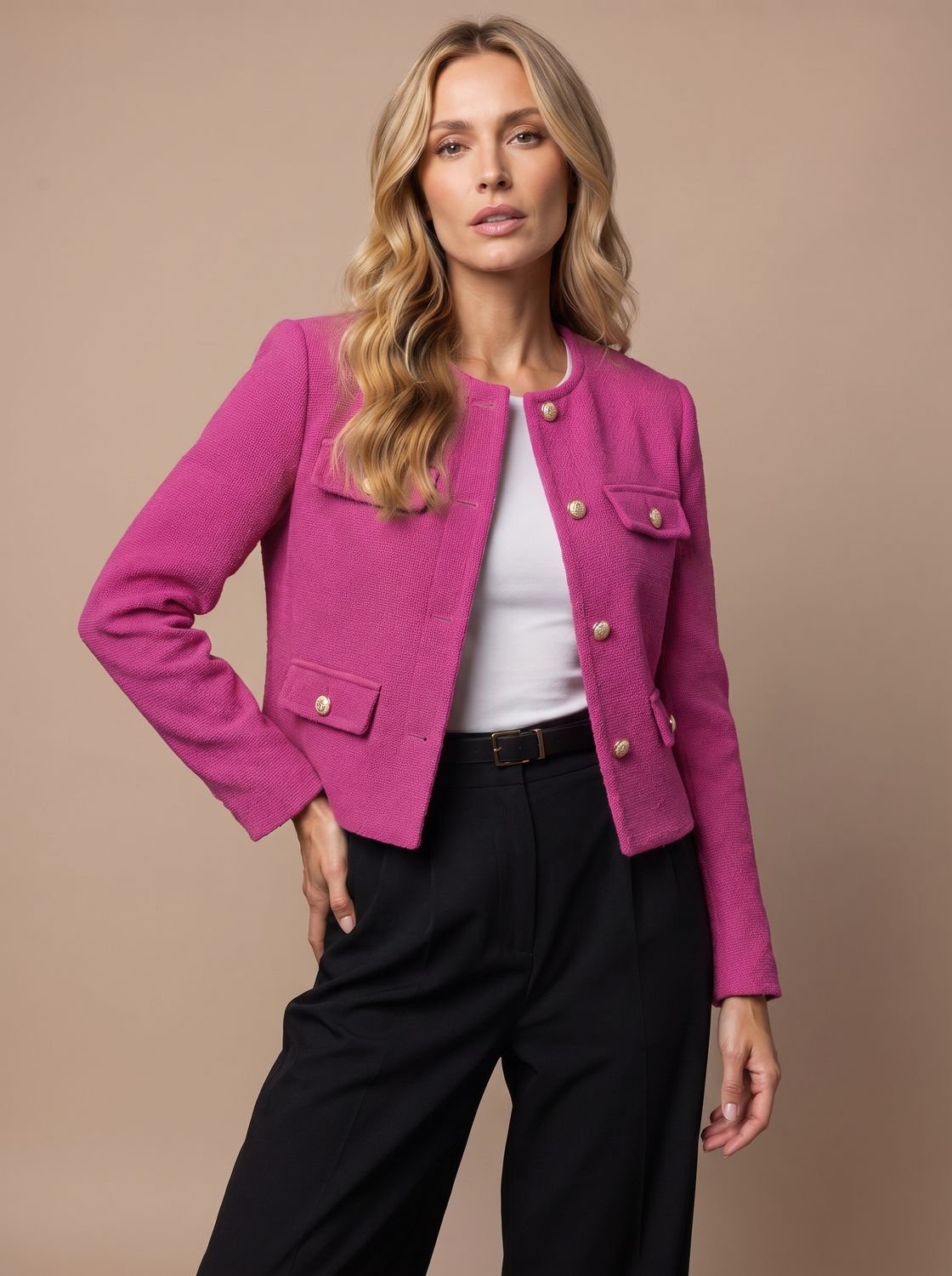Women's Cropped Tweed Blazer with Gold Buttons and Flap Pockets - No Collar