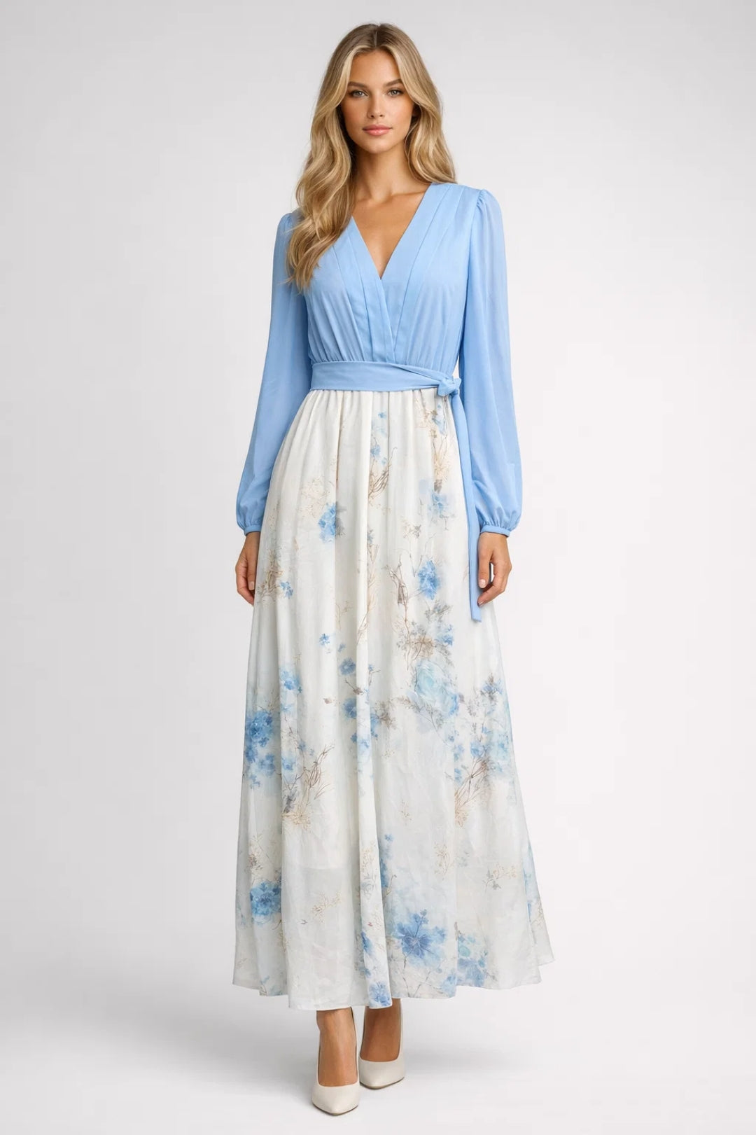 Flower Maxi Dress Ladies V Neck Long Sleeves
