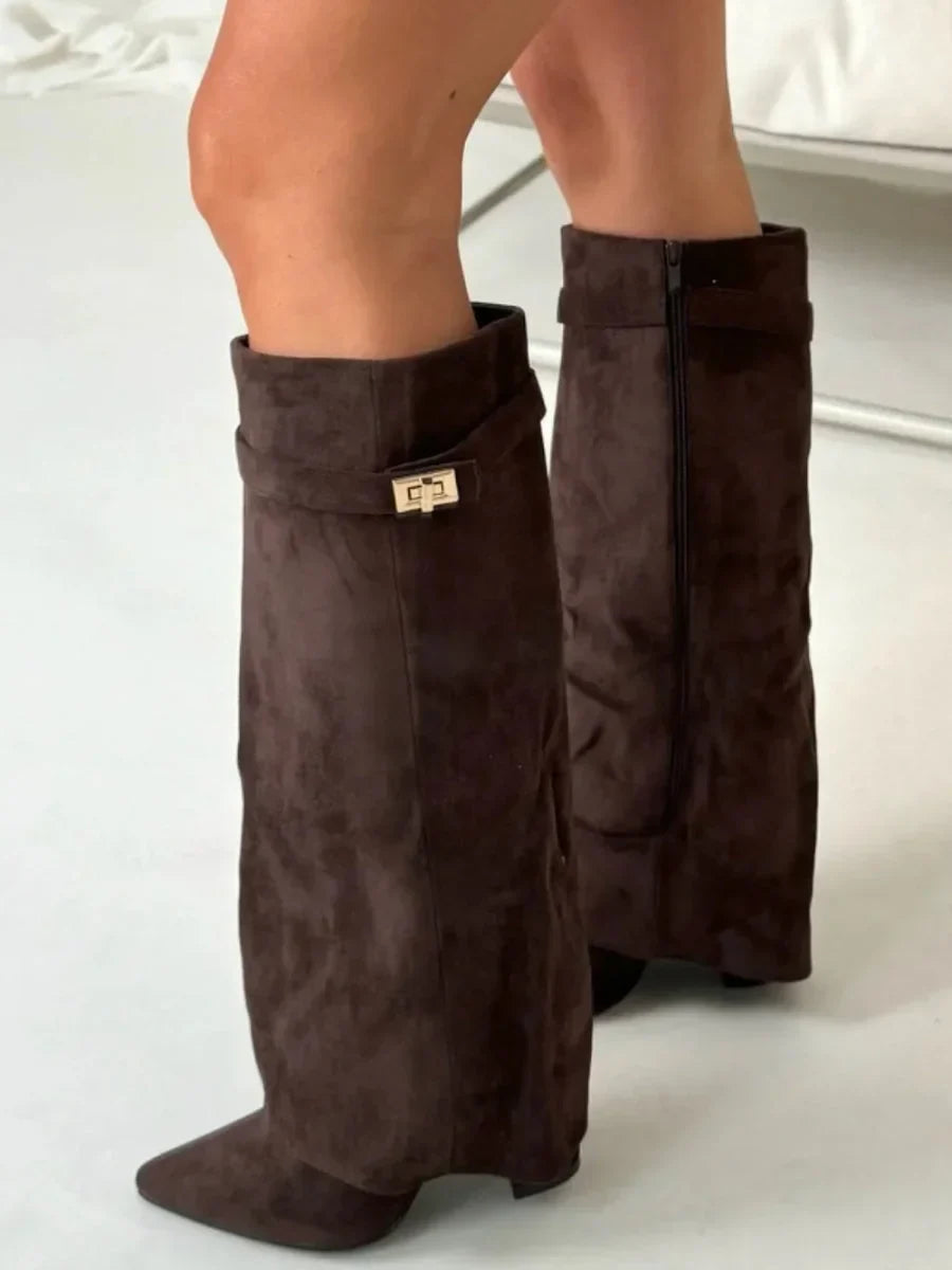 High PU suede boots with metal buckle for women