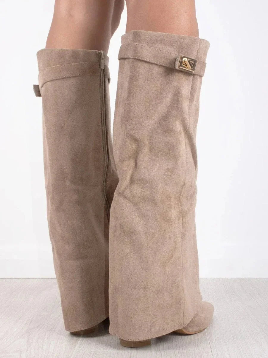 High PU suede boots with metal buckle for women