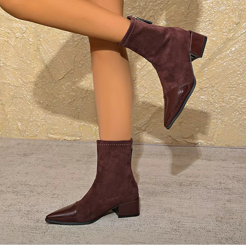 Ladies' Suede Block Heel Ankle Boots Details Elegant