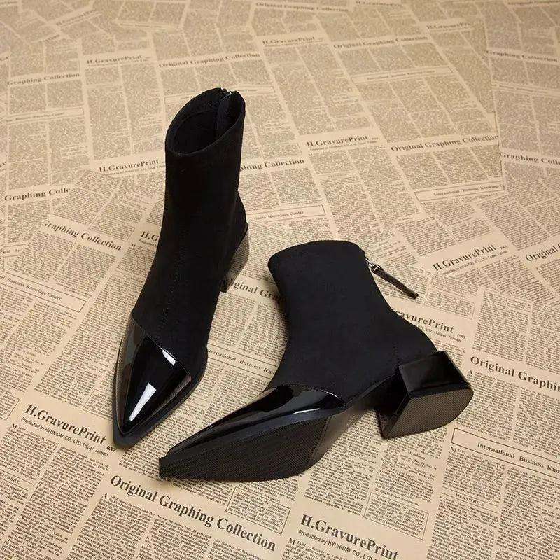 Ladies' Suede Block Heel Ankle Boots Details Elegant
