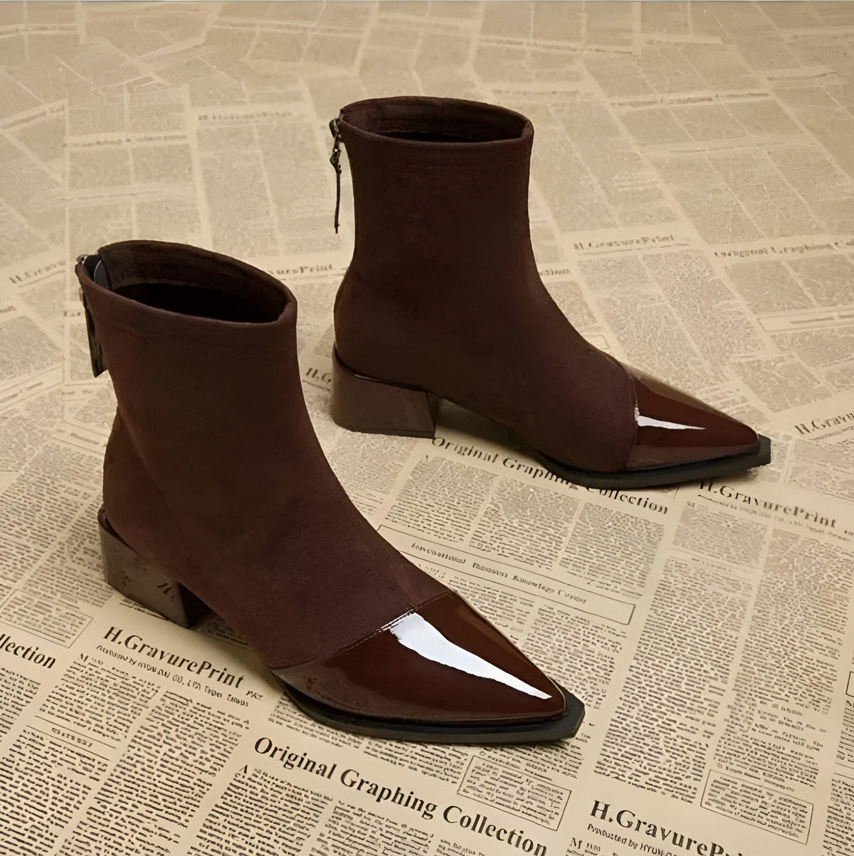 Ladies' Suede Block Heel Ankle Boots Details Elegant