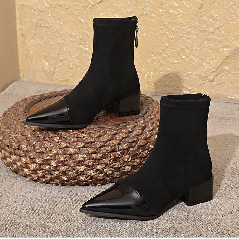 Ladies' Suede Block Heel Ankle Boots Details Elegant