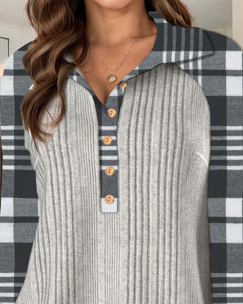 Plaid Button-Up Sweatshirt with Collar