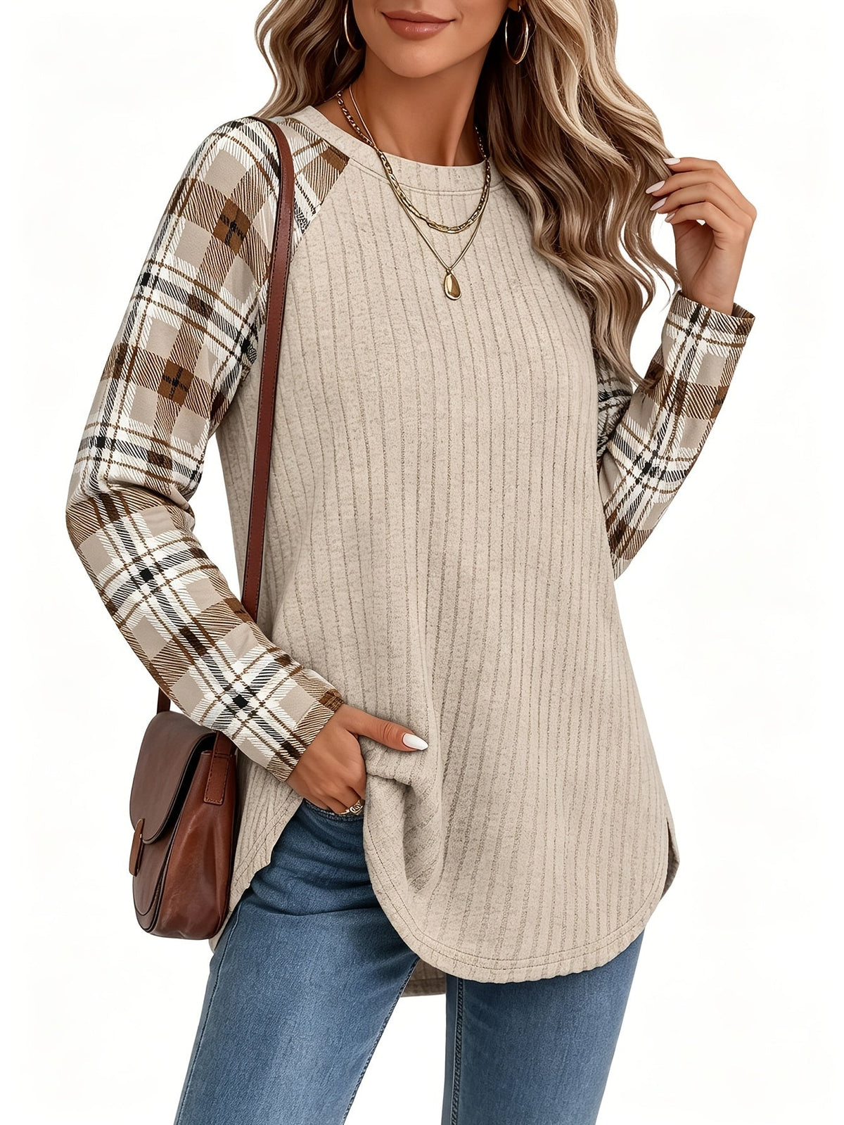 Audrey | Ribbed Top with Checkered Sleeves