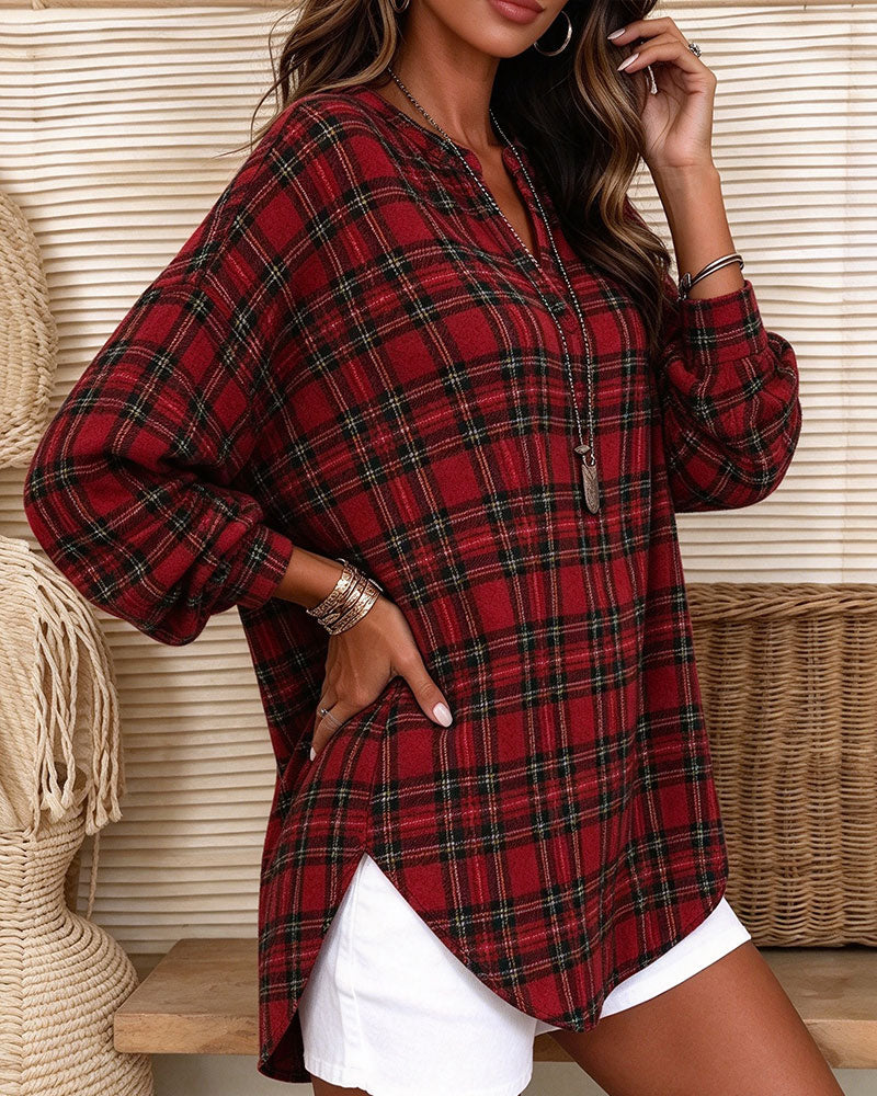 Plaid Long Sleeve Top with V-Neck