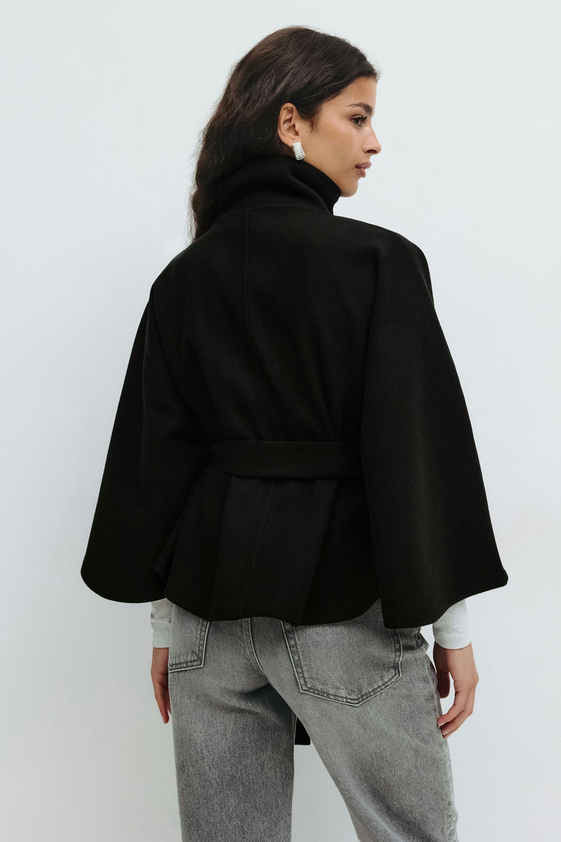 Cape Jas Dames Regular Fit Hoge Kraag Strik Ceintuur Winter