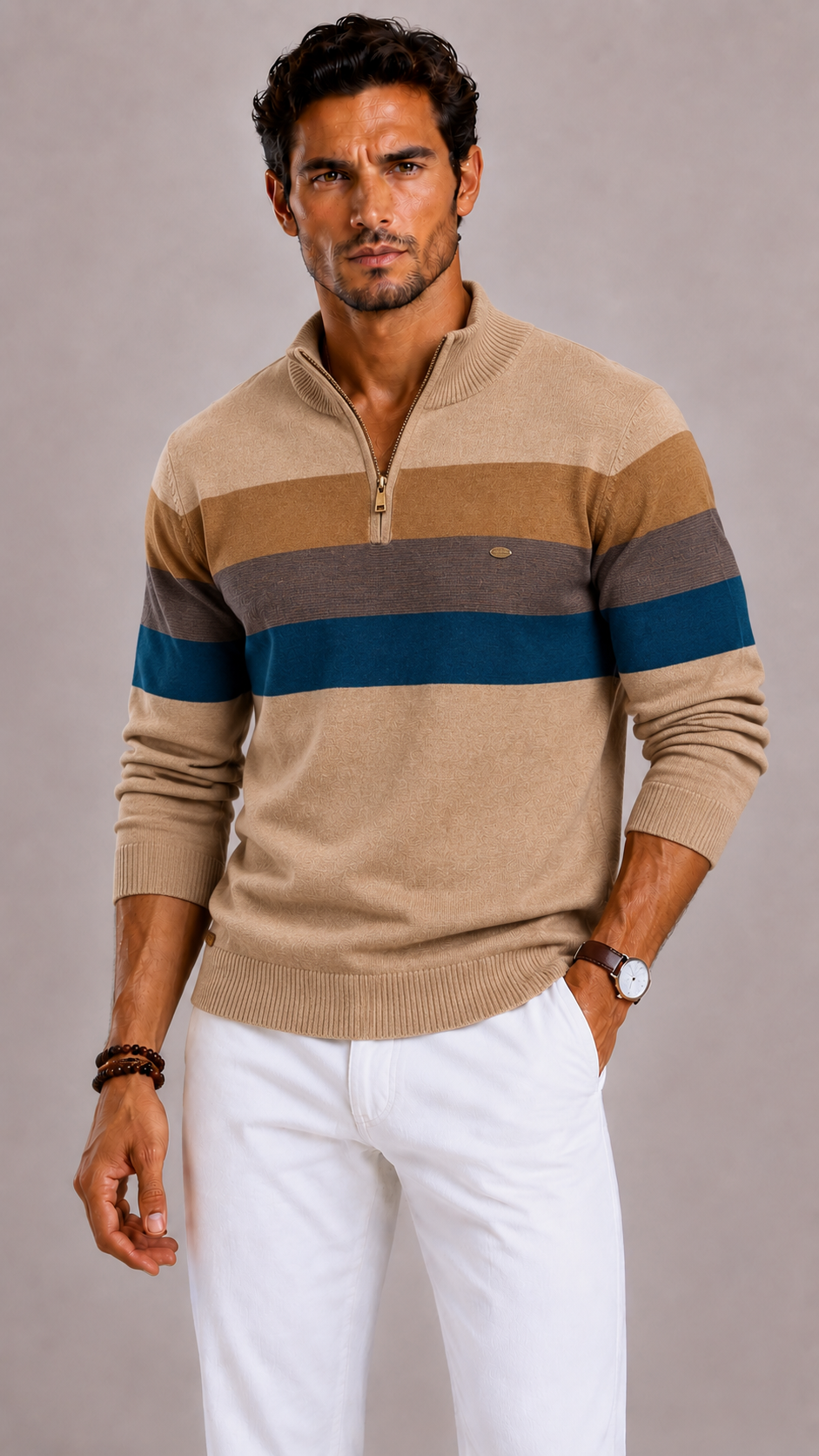 Men's Striped Jumper with Round Neck and Regular Fit
