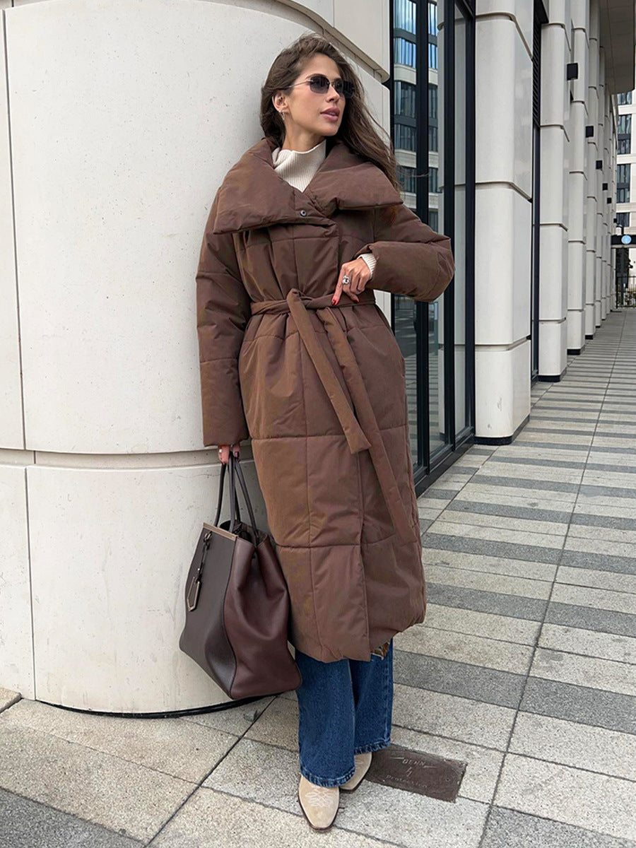 Anna | Women's Long Padded Jacket with Oversized Collar, Belted Waist, and Pockets