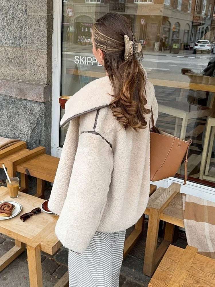 Cozy Teddy Jacket with Oversized Collar and Button Details