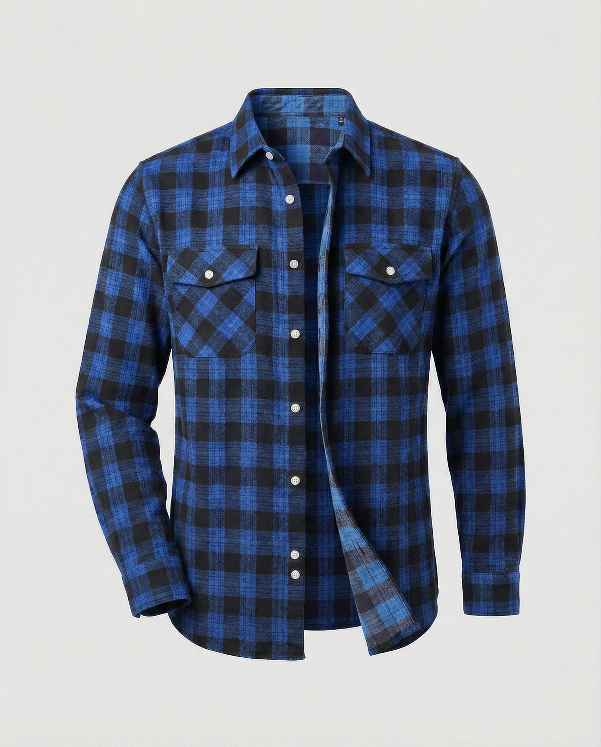 Men's Long Sleeve Flannel Shirt with Check Pattern and Chest Pockets