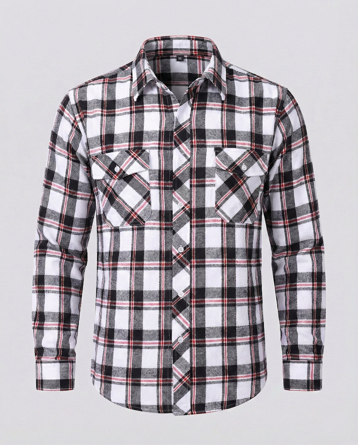Men's Long Sleeve Flannel Shirt with Check Pattern and Chest Pockets