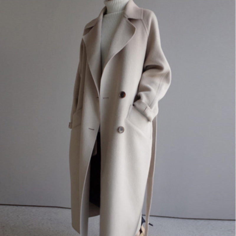 Women's Long Double-Breasted Coat with Notched Collar