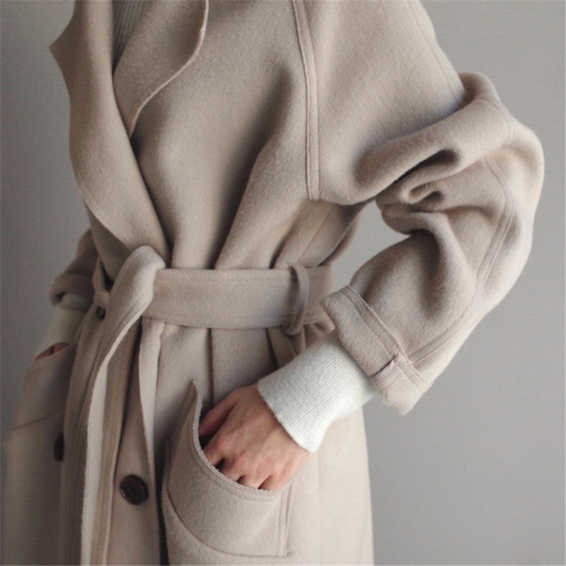 Women's Long Double-Breasted Coat with Notched Collar