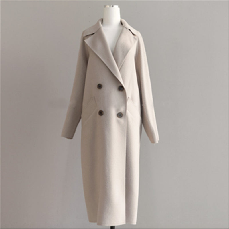 Women's Long Double-Breasted Coat with Notched Collar