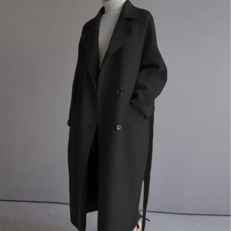 Women's Long Double-Breasted Coat with Notched Collar