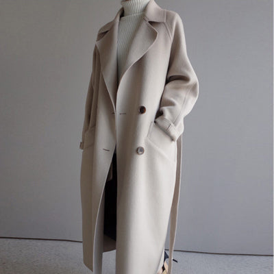 Women's Long Double-Breasted Coat with Notched Collar