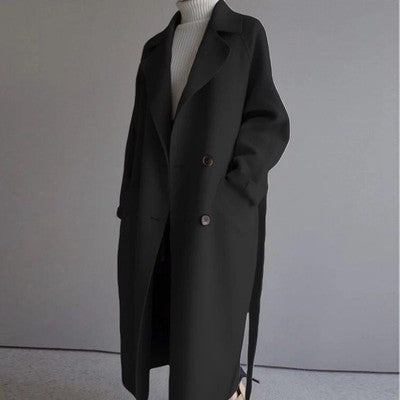Women's Long Double-Breasted Coat with Notched Collar