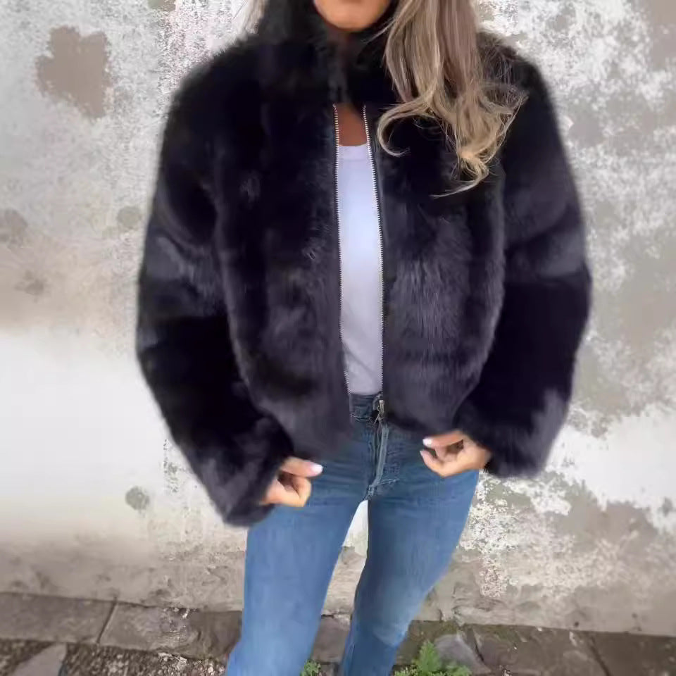 Emma | Women's Soft and Warm Faux Fur Jacket with High Collar and Zip