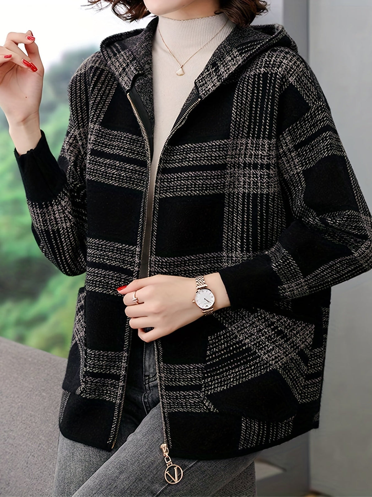 Delaney | Plaid Hooded Zip Jacket