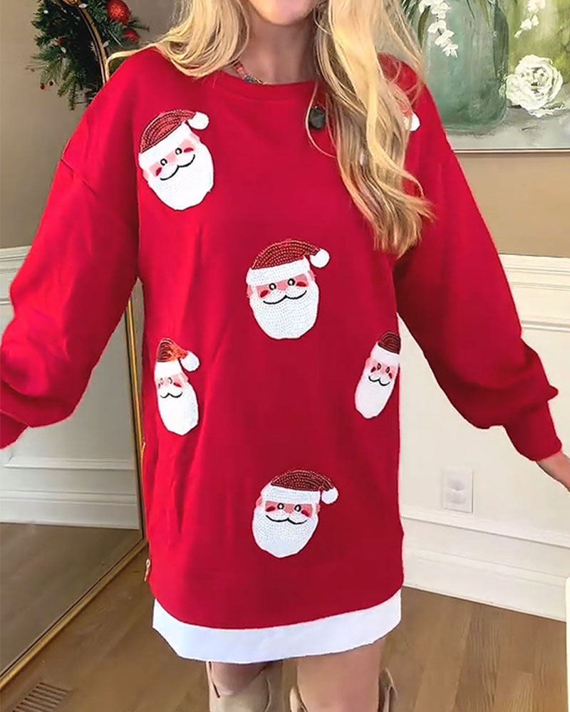 Spliced Sweatshirt Dress with Santa Claus Print