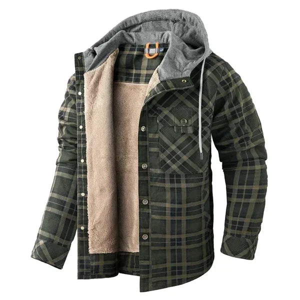 Men's Checked Hooded Jacket with Cozy Sherpa Lining