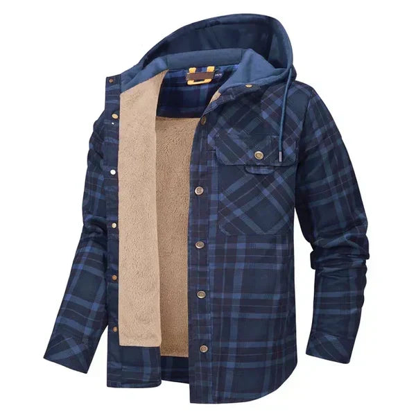 Men's Checked Hooded Jacket with Cozy Sherpa Lining
