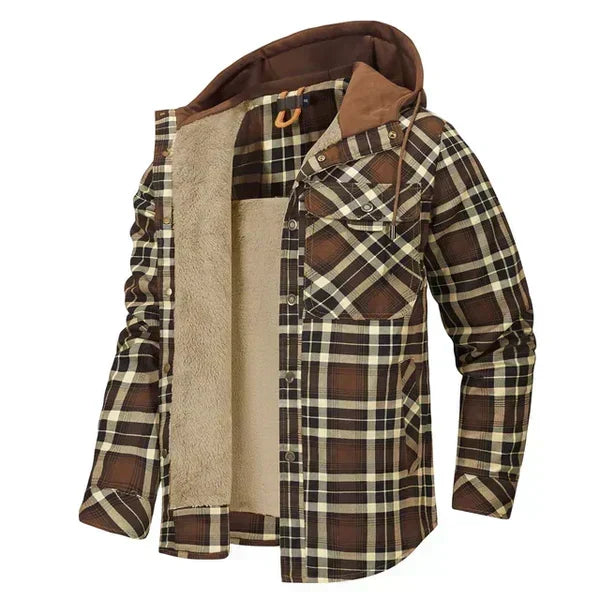 Men's Checked Hooded Jacket with Cozy Sherpa Lining
